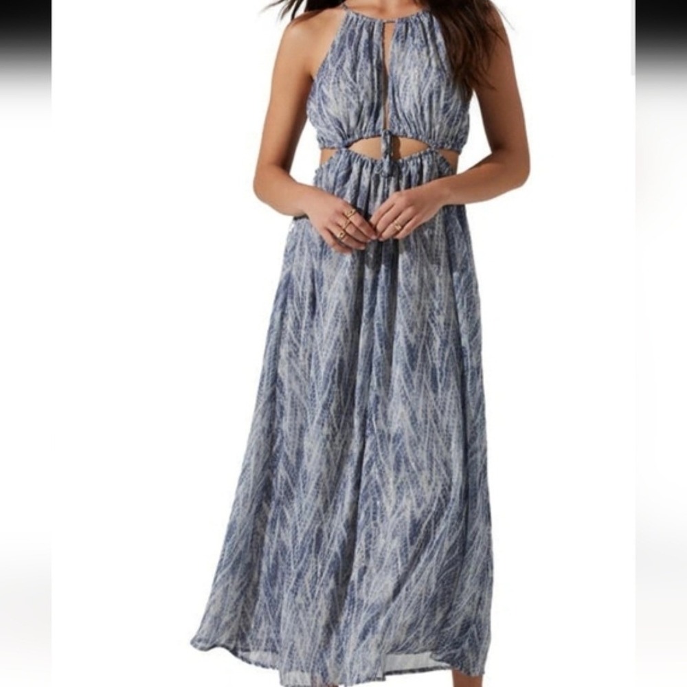 ASTR The Label Blue White Abstract Cutout Midi Dress Metallic Accents Small NEW